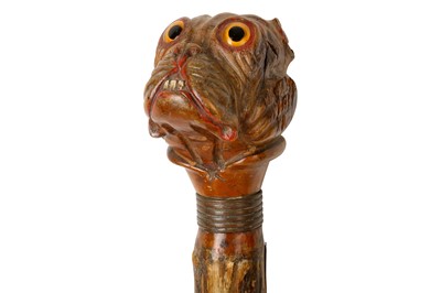 Lot 155 - A LATE 19TH CENTURY CARVED FRUITWOOD BULL DOG WALKING CANE