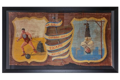 Lot 123 - AN EARLY 20TH CENTURY CIRCUS BANNER PAINTED ON TENT FABRIC