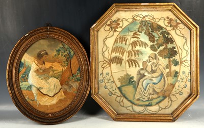 Lot 371 - A pair of antique embroidered and needlework...