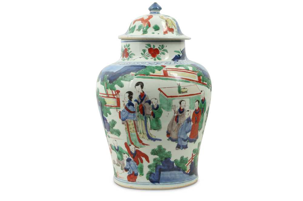 Lot 173 - A CHINESE WUCAI 'LADIES AND BOYS' BALUSTER JAR AND COVER.