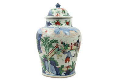 Lot 173 - A CHINESE WUCAI 'LADIES AND BOYS' BALUSTER JAR AND COVER.