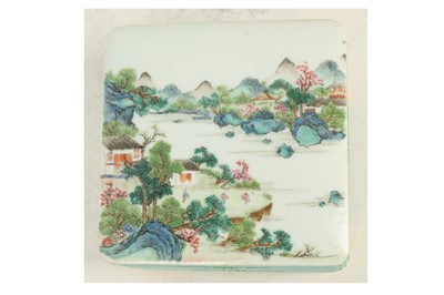 Lot 599 - A CHINESE FAMILLE ROSE 'LANDSCAPE' RECTANGULAR BOX AND COVER.