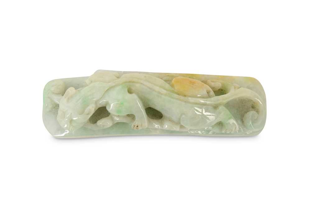 Lot 51 - A CHINESE APPLE GREEN JADEITE 'CHILONG' PLAQUE.