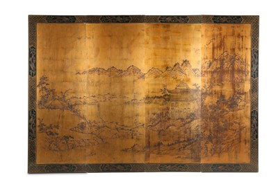 Lot 529 - A CHINESE FOUR-PANEL LACQUER 'LANDSCAPE' SCREEN.