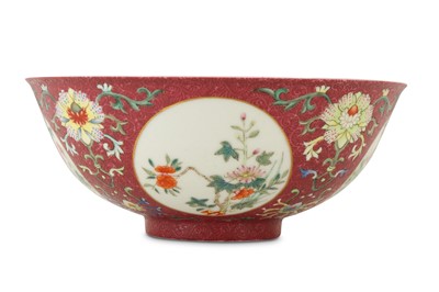 Lot 249 - A CHINESE FAMILLE ROSE RUBY-GROUND SGRAFFITO MEDALLION BOWL.