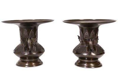 Lot 688 - A PAIR OF JAPANESE BRONZE VASES.