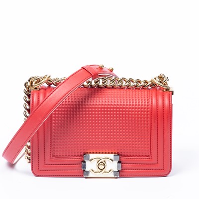 Lot 25 - Chanel Red Cube Embossed Small Boy