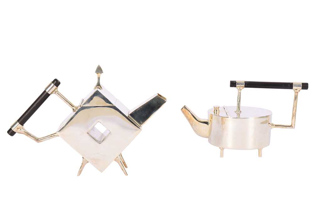 Lot 100 - Two modern silver plated teapots after Christopher Dresser