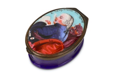 Lot 174 - A 19TH CENTURY BATTERSEA ENAMEL SNUFF BOX DEPICTING THE DEVIL