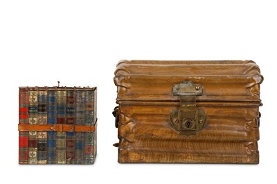 Lot 138 - A HUNTLEY AND PALMERS BISCUIT TIN MODELLED AS BOOKS TOGETHER WITH A PAINTED METAL CASKET
