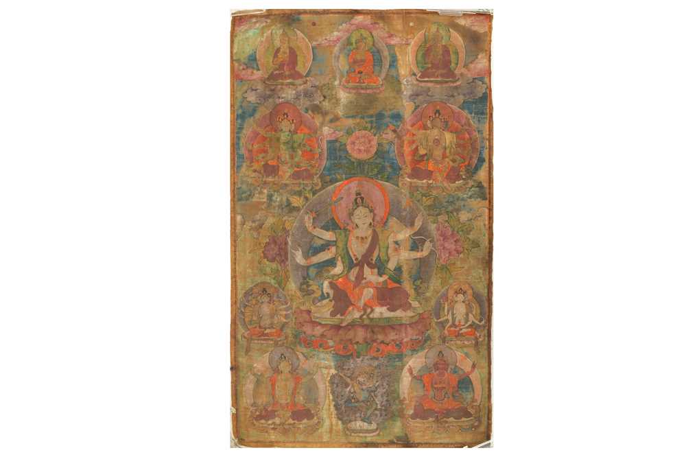 Lot 446 - A TIBETAN THANGKA OF MARICI, THE BODHISATTVA OF LIGHT.