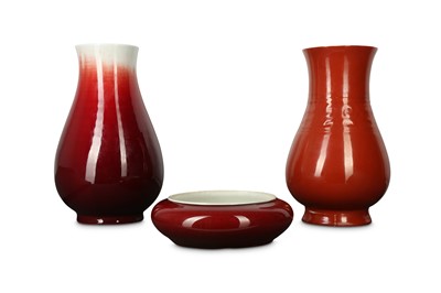 Lot 332 - THREE CHINESE RED-GLAZED MONOCHROME ITEMS.
