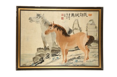 Lot 535 - A CHINESE EMBROIDERY OF TWO HORSES.