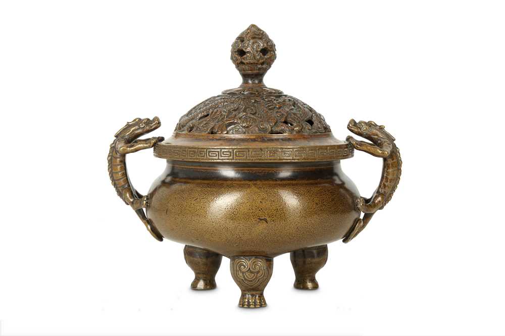 Lot 75 - A CHINESE BRONZE 'CHILONG' INCENSE BURNER AND COVER.