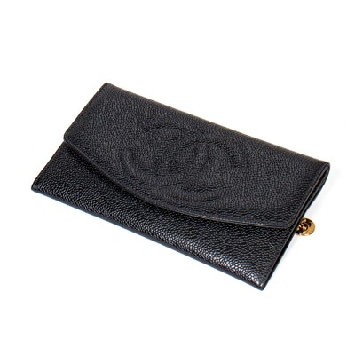 Lot 325 - Chanel Black Caviar Logo Long Flap Wallet