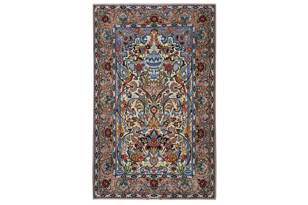 Lot 18 - AN EXTREMELY FINE PART SILK SIGNED PRAYER ISFAHAN RUG, CENTRAL PERSIA