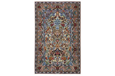 Lot 18 - AN EXTREMELY FINE PART SILK SIGNED PRAYER ISFAHAN RUG, CENTRAL PERSIA