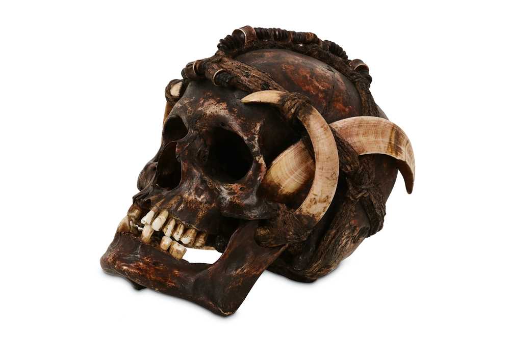 Lot 2 - TRIBAL: A DAYAK ANCESTOR HUMAN SKULL DECORATED WITH BOAR TUSKS