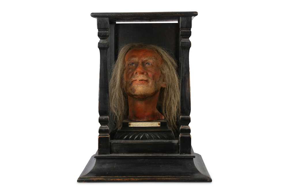 Lot 25 - A 19TH CENTURY CASED WAX HEAD OF ARCHIBALD HARE FROM MADAME TUSSAUDS