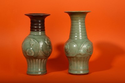 Lot 27 - TWO CHINESE LONGQUAN CELADON MOULDED VASE. / A CHINESE LONGQUAN CELADON MOULDED VASE.