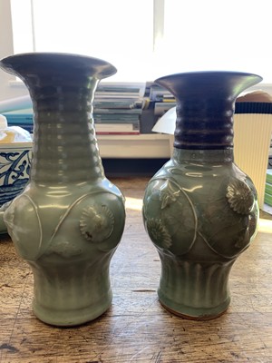Lot 27 - TWO CHINESE LONGQUAN CELADON MOULDED VASE. / A CHINESE LONGQUAN CELADON MOULDED VASE.