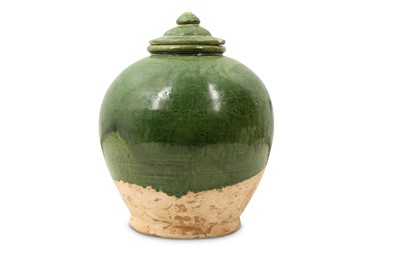 Lot 485 - A CHINESE POTTERY GREEN-GLAZED JAR AND COVER.