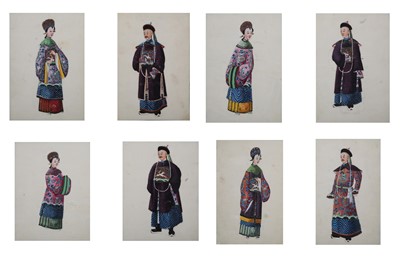 Lot 313 - A CHINESE ALBUM OF TWELVE PITH PAINTINGS OF FIGURES IN COSTUMES.