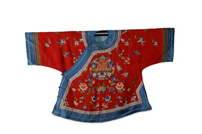 Lot 138 - A CHINESE  EMBROIDERED RED-GROUND SILK JACKET.