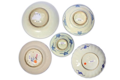 Lot 14 - * FIVE CHINESE-INSPIRED BLUE AND WHITE POTTERY DISHES