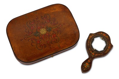Lot 55 - * A PERSIANISED LACQUERED PAPIER-MÂCHÉ POCKET SEWING BOX AND A QAJAR POCKET MIRROR