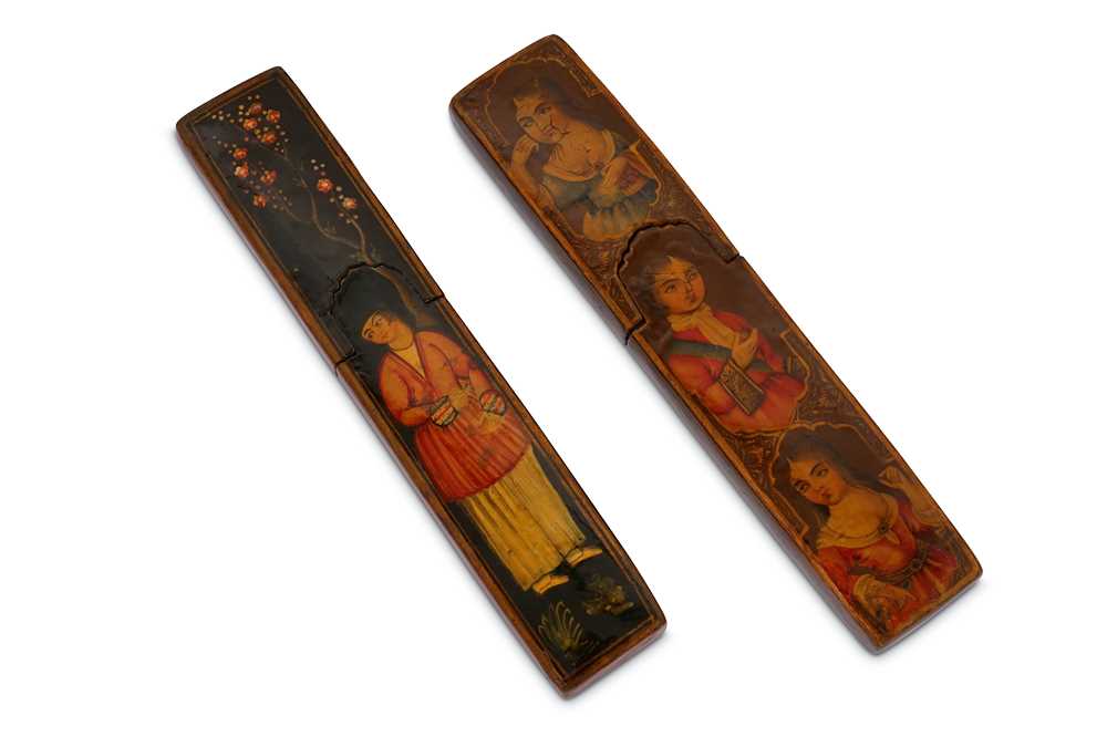 Lot 57 - * TWO QAJAR LACQUERED PAPIER-MÂCHÉ WAFER SEAL HOLDERS