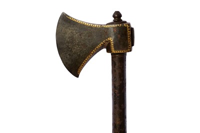 Lot 31 - * A SMALL STEEL AXE WITH GOLD-DAMASCENED HEAD (TABARZIN)