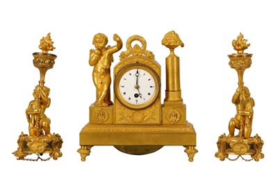 Lot 564 - AN EARLY 19TH CENTURY FRENCH EMPIRE PERIOD SMALL GILT BRONZE CLOCK GARNITURE