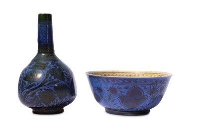 Lot 13 - * A SAFAVID COPPER-LUSTRE AND BLUE POTTERY BOWL AND BOTTLE