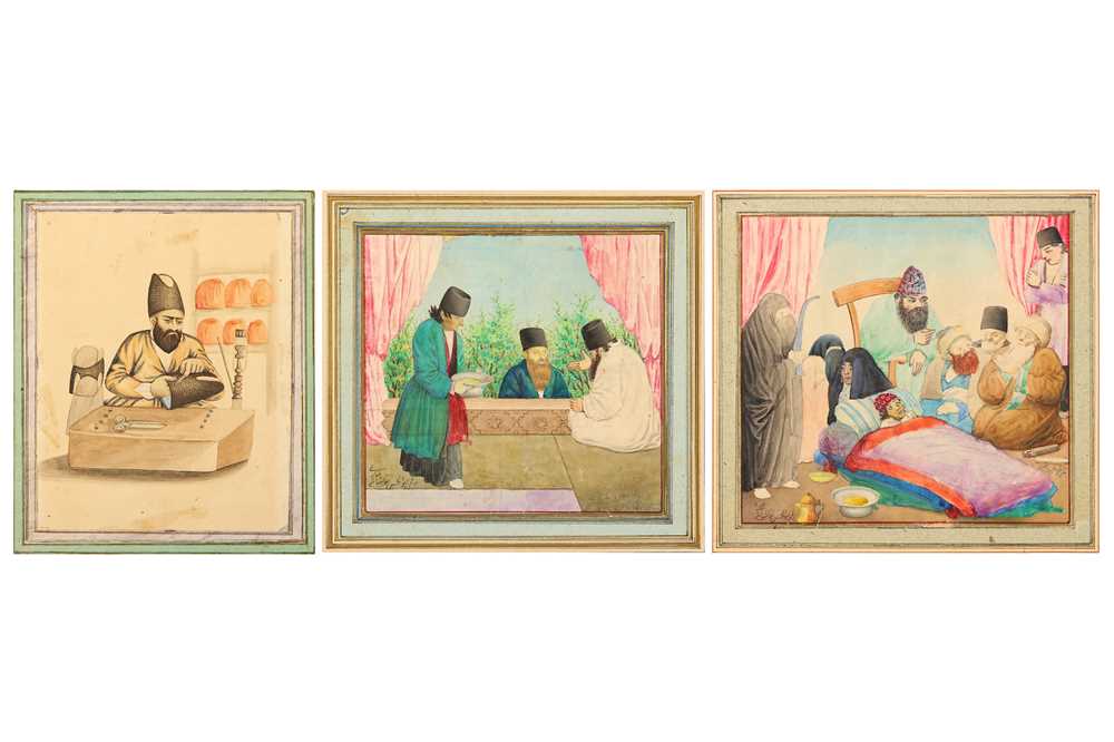 Lot 40 - * THREE QAJAR WATERCOLOURS WITH COMMON DAILY LIFE SCENES