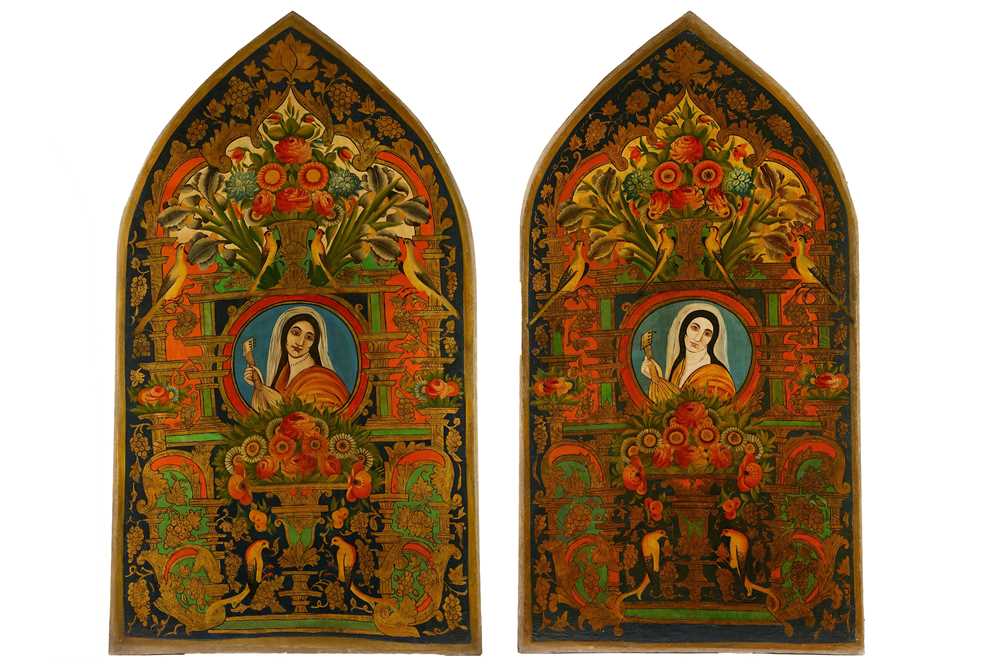 Lot 43 - * A PAIR OF LARGE OIL PAINTINGS WITH FEMALE PORTRAITS AND FLORAL TRIUMPH