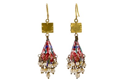 Lot 90 - * A PAIR OF QAJAR COMPOSITE POLYCHROME-ENAMELLED GOLD EARRINGS