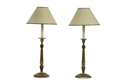 Lot 398 - A pair of late 20th Century Danish fruitwood table lamps and shades