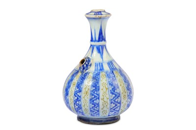 Lot 17 - * A SAFAVID RED, BLUE AND WHITE POTTERY QALYAN BOTTLE
