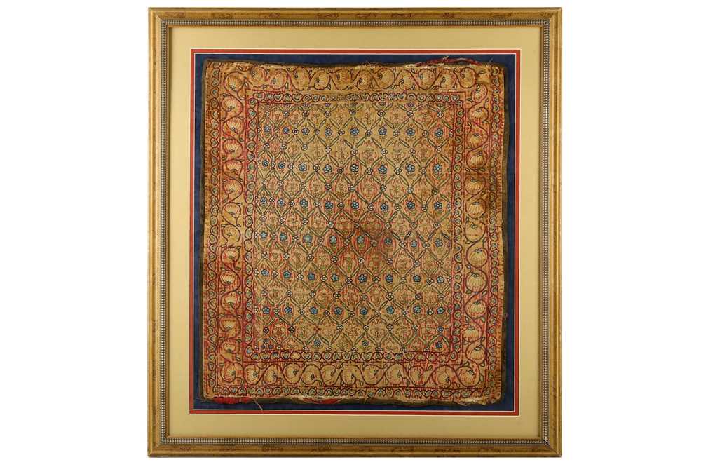 Lot 107 - * AN EMBROIDERED SILK PANEL WITH FLORAL LATTICE PATTERN