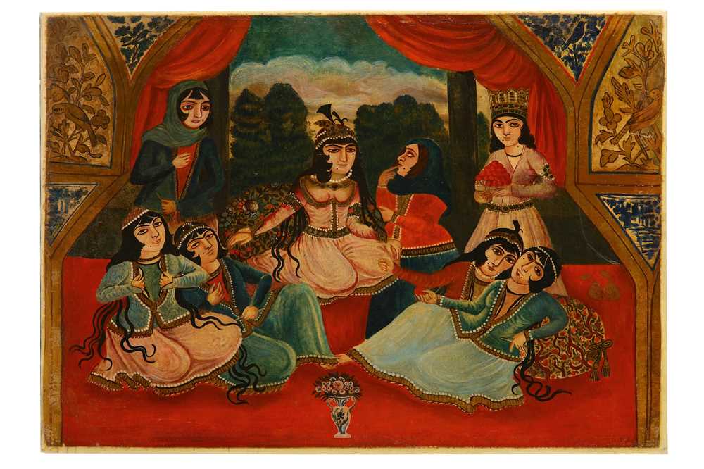 Lot 47 - * A QAJAR OIL PAINTING DEPICTING YUSUF BRINGING ORANGES TO ZULEYKHA AND HER MAIDENS