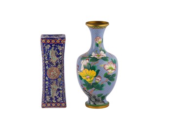 Lot 202 - A Chinese blue ground famille rose porcelain pillow together with a cloisonne enamel vase.
