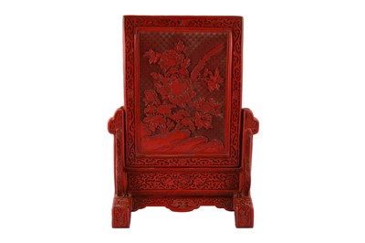 Lot 205 - A Chinese porcelain plaque inlaid cinnabar lacquer table screen.