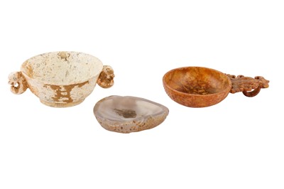 Lot 215 - Two Chinese jade cups together with an agate snuff dish.