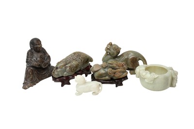 Lot 477 - FIVE CHINESE JADE CARVINGS AND A SOAPSTONE CARVING.