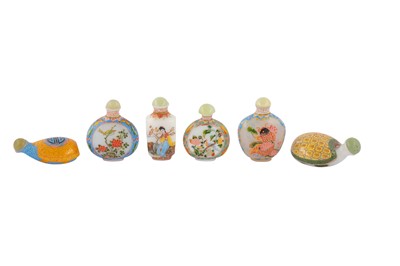 Lot 230 - A collection of six enamelled Chinese Peking glass snuff bottles.