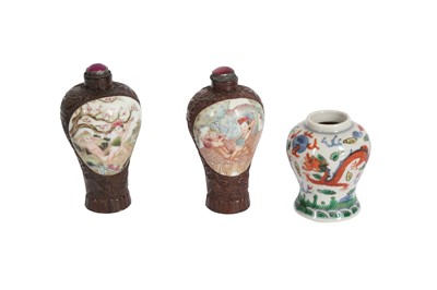 Lot 420 - THREE CHINESE MINIATURE VASES.  / SIX CHINESE SNUFF BOTTLES.