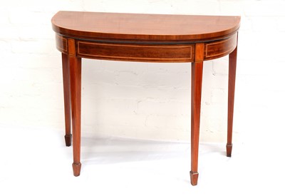 Lot 790 - A Pair of George III style mahogany and satinwood inlaid demi lune card table