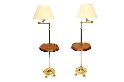 Lot 780 - A pair of brass lamps and a mahogany table