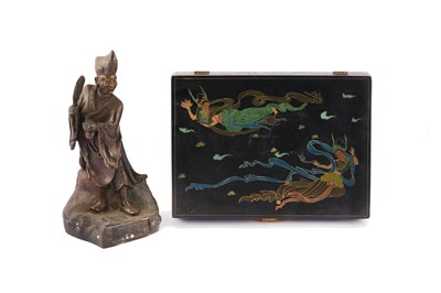 Lot 260 - A Chinese bronze jigong together with a black lacquer box.